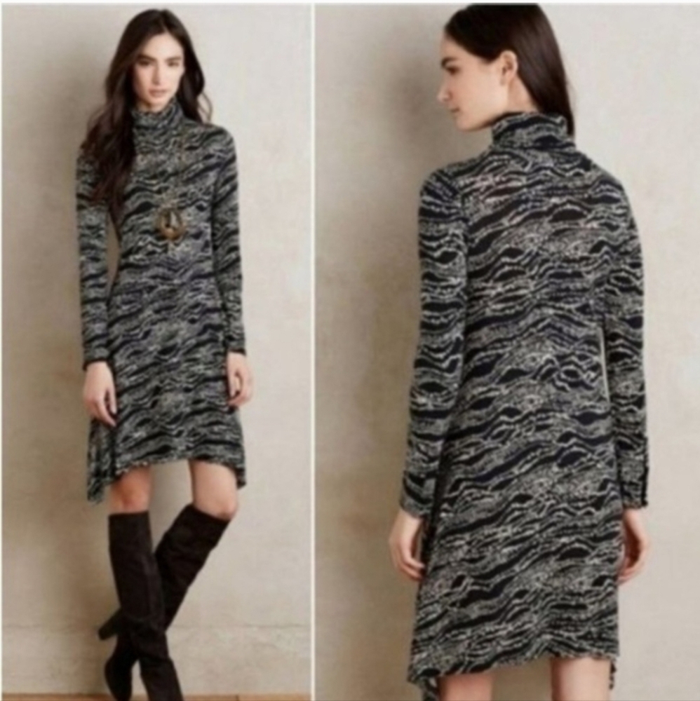 Anthropologie Maeve Myra Long Sleeve Patterned Knit Dress Black Size Medium